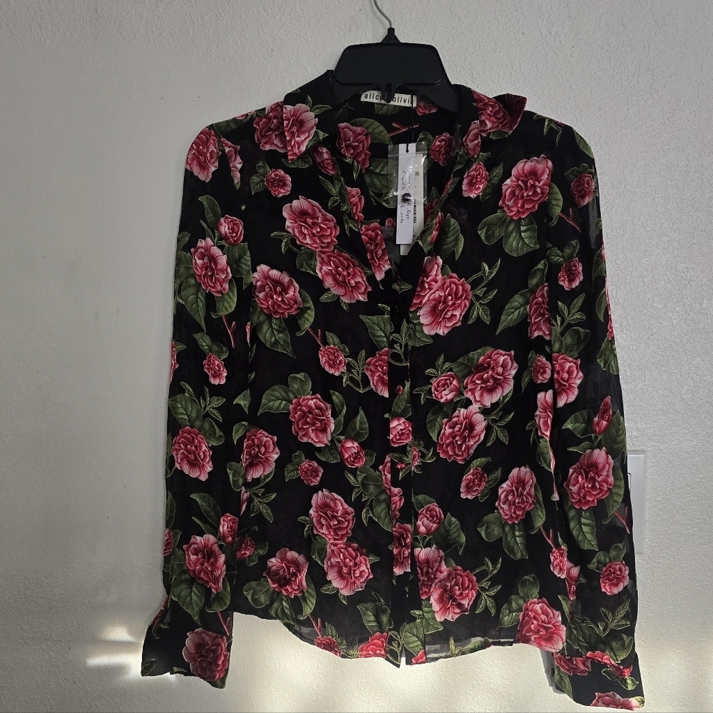 Alice and Olivia Eloise Floral Button Down Sheer Blouse Size XS - Picture 2 of 12